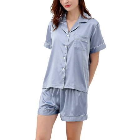 

Colisha Women Sleepwear Lapel Nightwear Short Sleeve Pajamas Sets Casual Dailywear Button Down Lounge Set Gray Blue XL