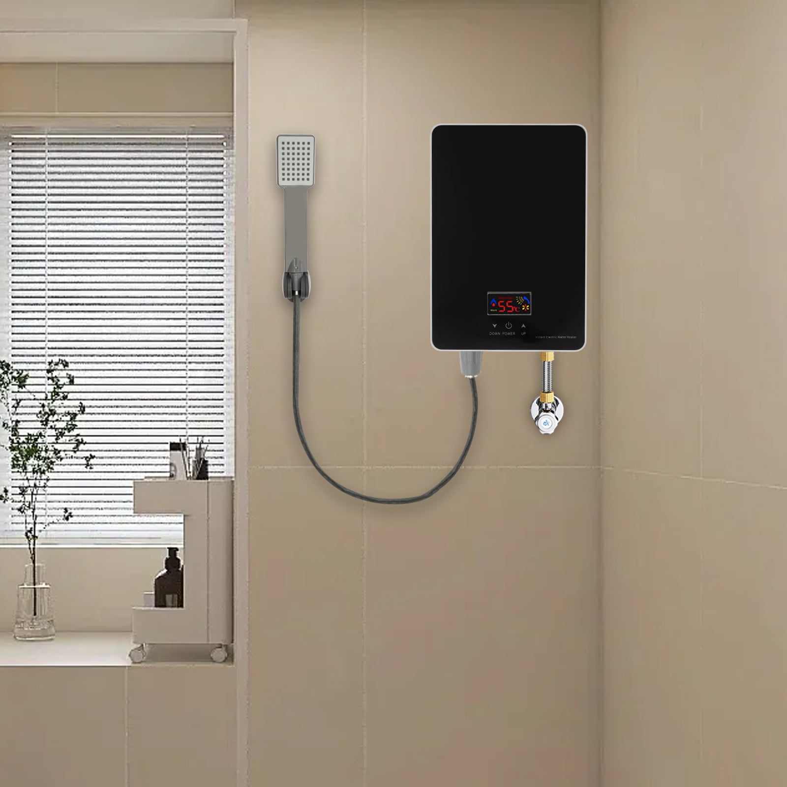 220V Tankless Water Heater Electric Water Heater for bathroom With Shower Head 6000W Black