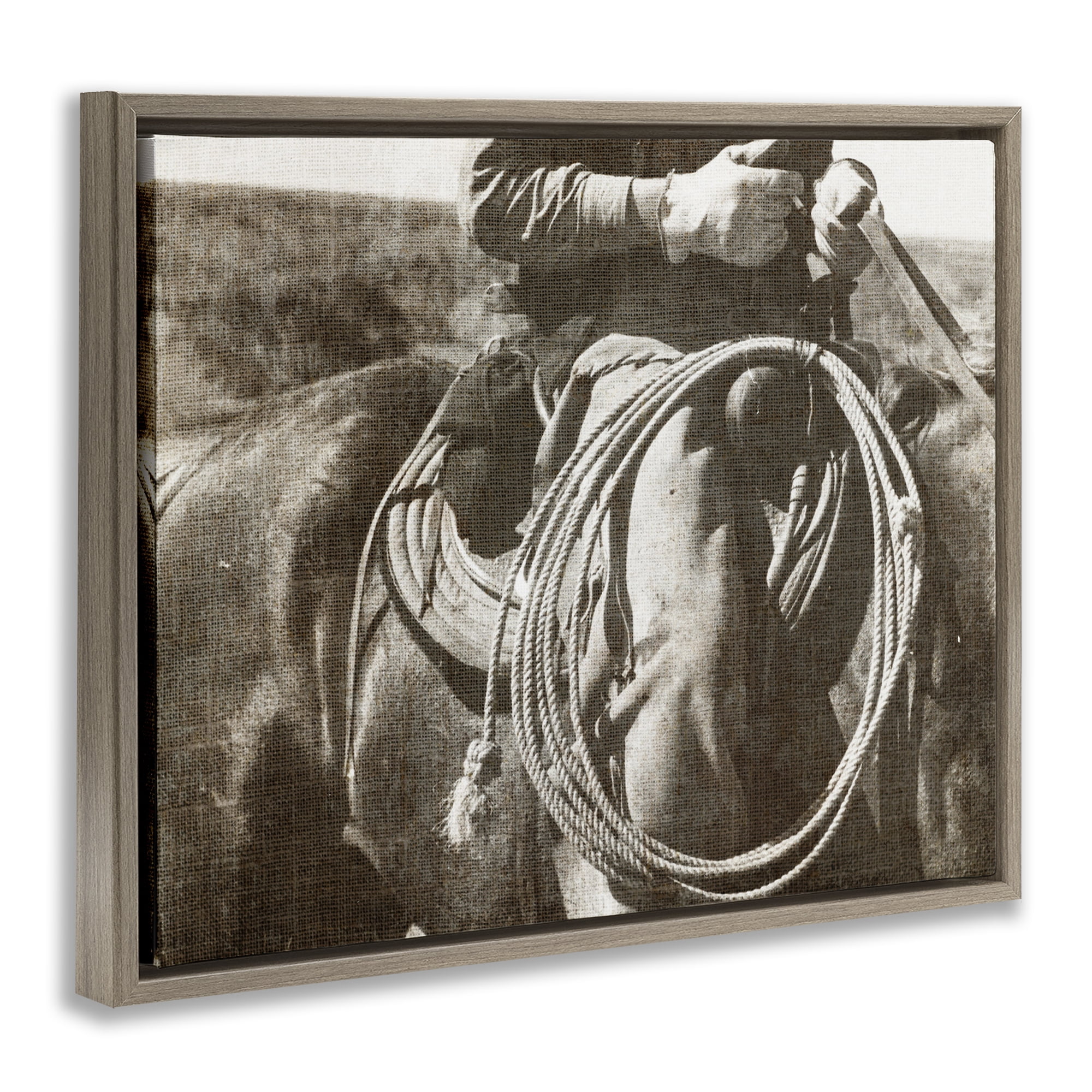 Stupell Industries Cowboy with Lasso Novelty Photography Brown Floater Framed Art Print Wall Art, 31 x 25