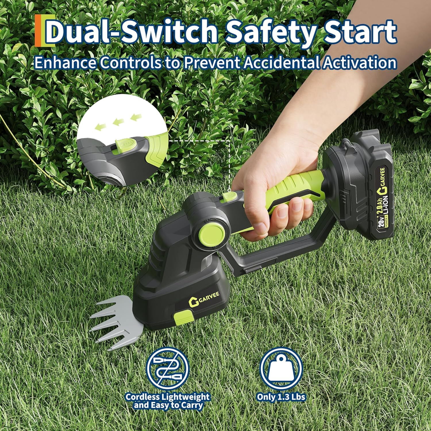 Garvee 2-in-1 Cordless Hedge Trimmer, 20V Lightweight Grass Shears & Hedge Trimmer with 2.0Ah Battery and Charger, Green/Black