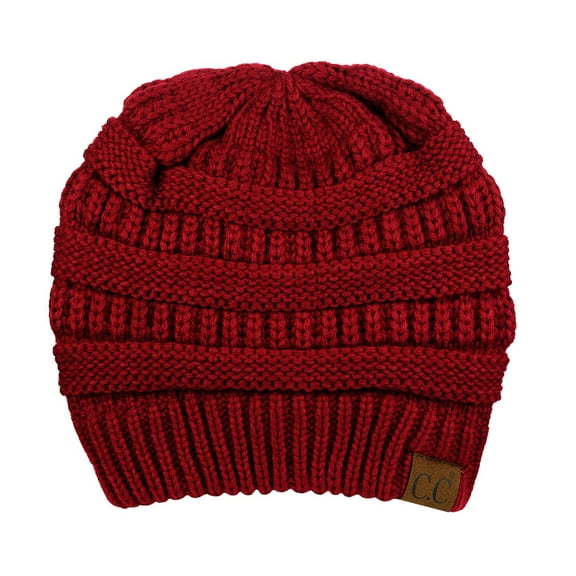 C.C Unisex Chunky Soft Stretch Cable Knit Warm Fuzzy Lined Skully Beanie, Burgundy
