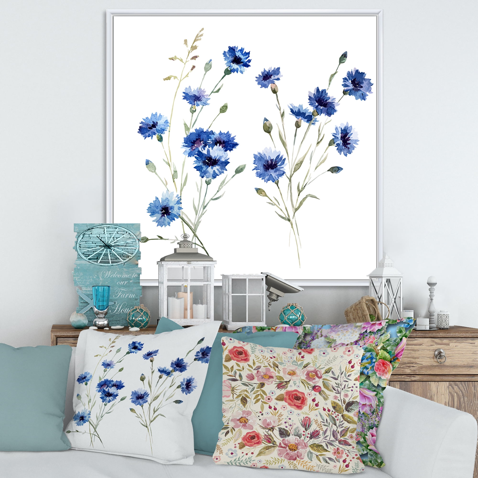 Designart 'Blue Cornflowers With Green Leaves On White III' Traditional Framed Canvas Wall Art Print