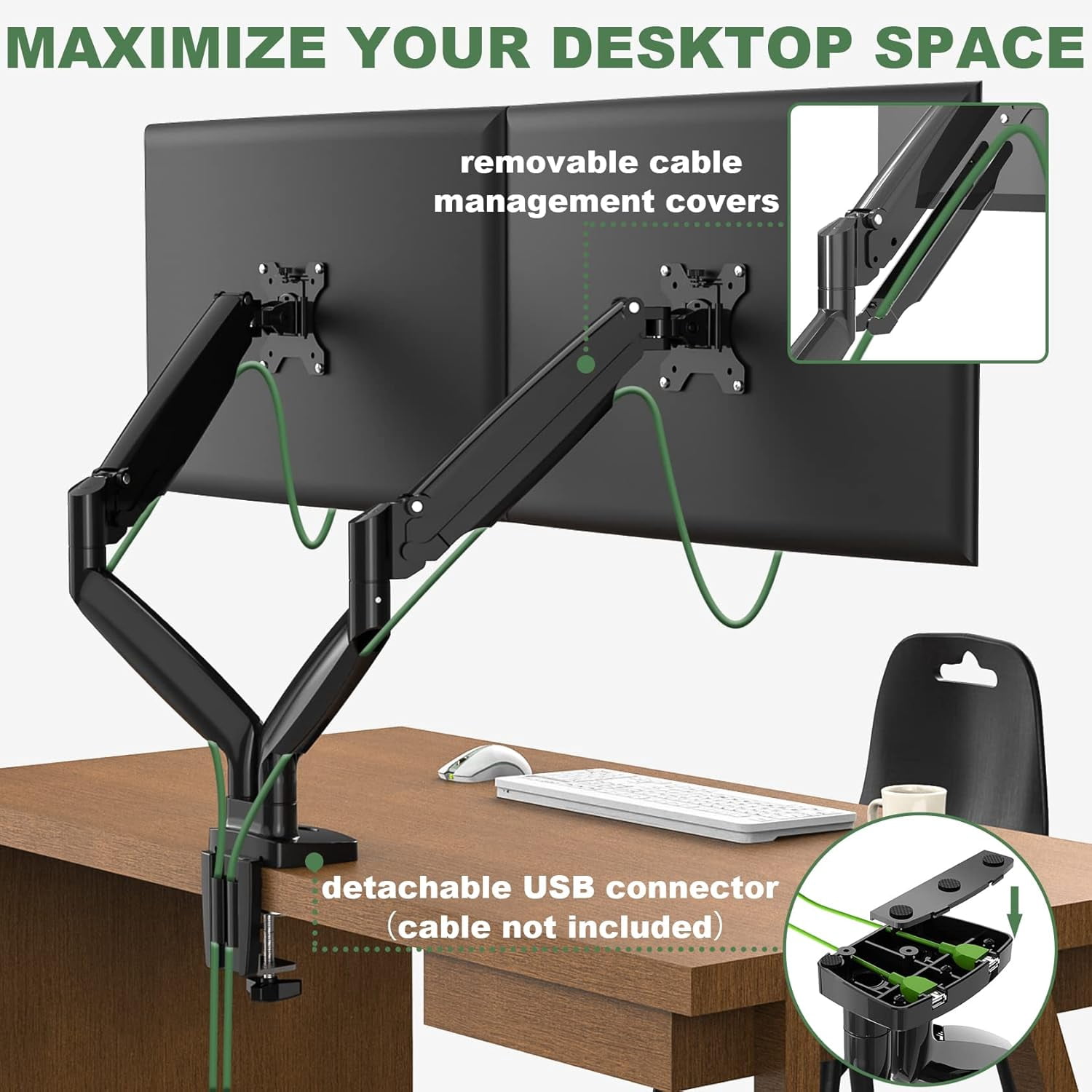 Dual Monitor Mount for Two Ultrawide 22-35 Inch Screens, Fully Adjustable Gas Spring Double Arm Stand with VESA 75x75/100x100mm, Holds 26.5lbs Each, Clamp & Bolt Mount