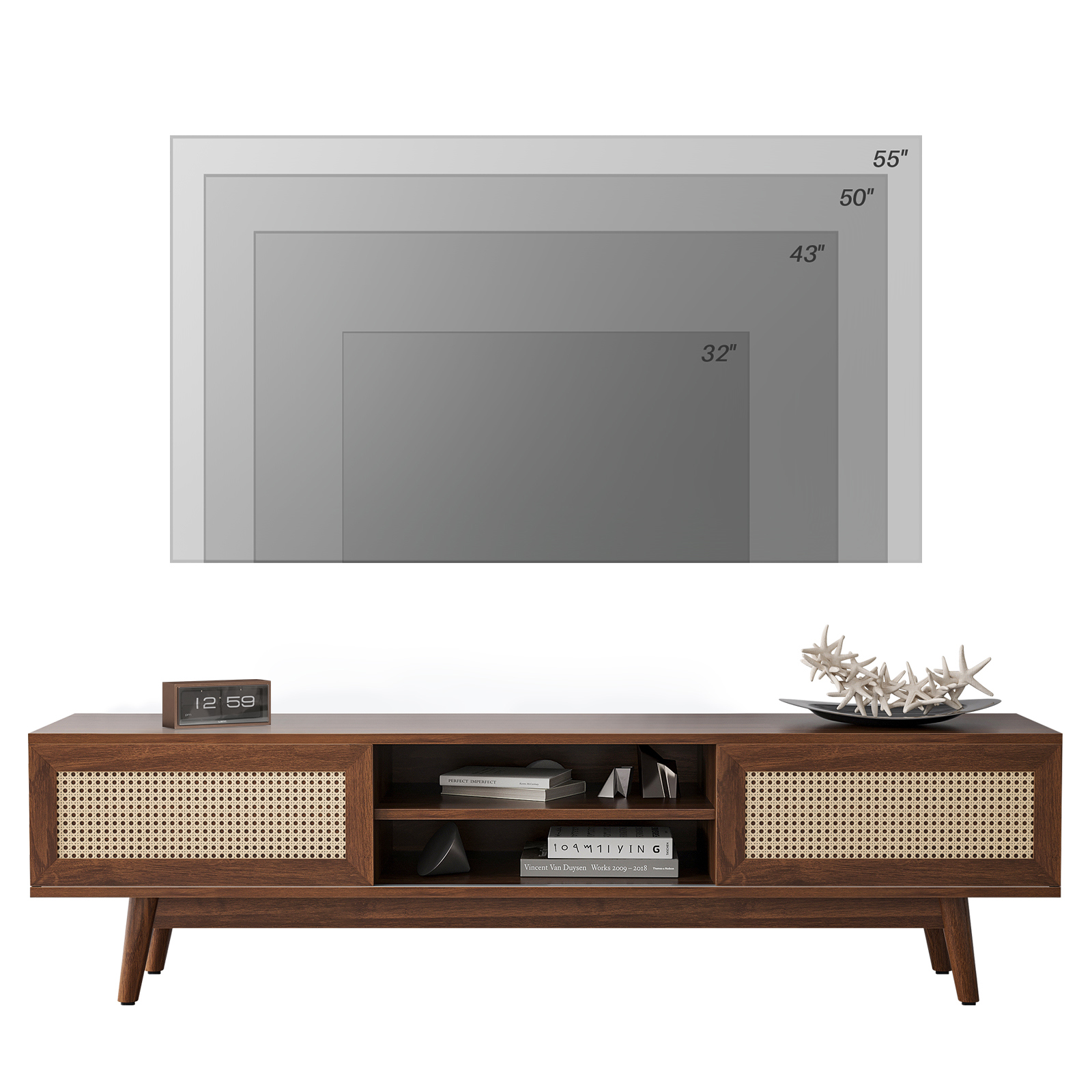 Hommoo Mid Century Modern Rattan TV Stand Up to 75", Wood TV Stand with Storage, Boho Media Console Entertainment Center for Home, Walnut