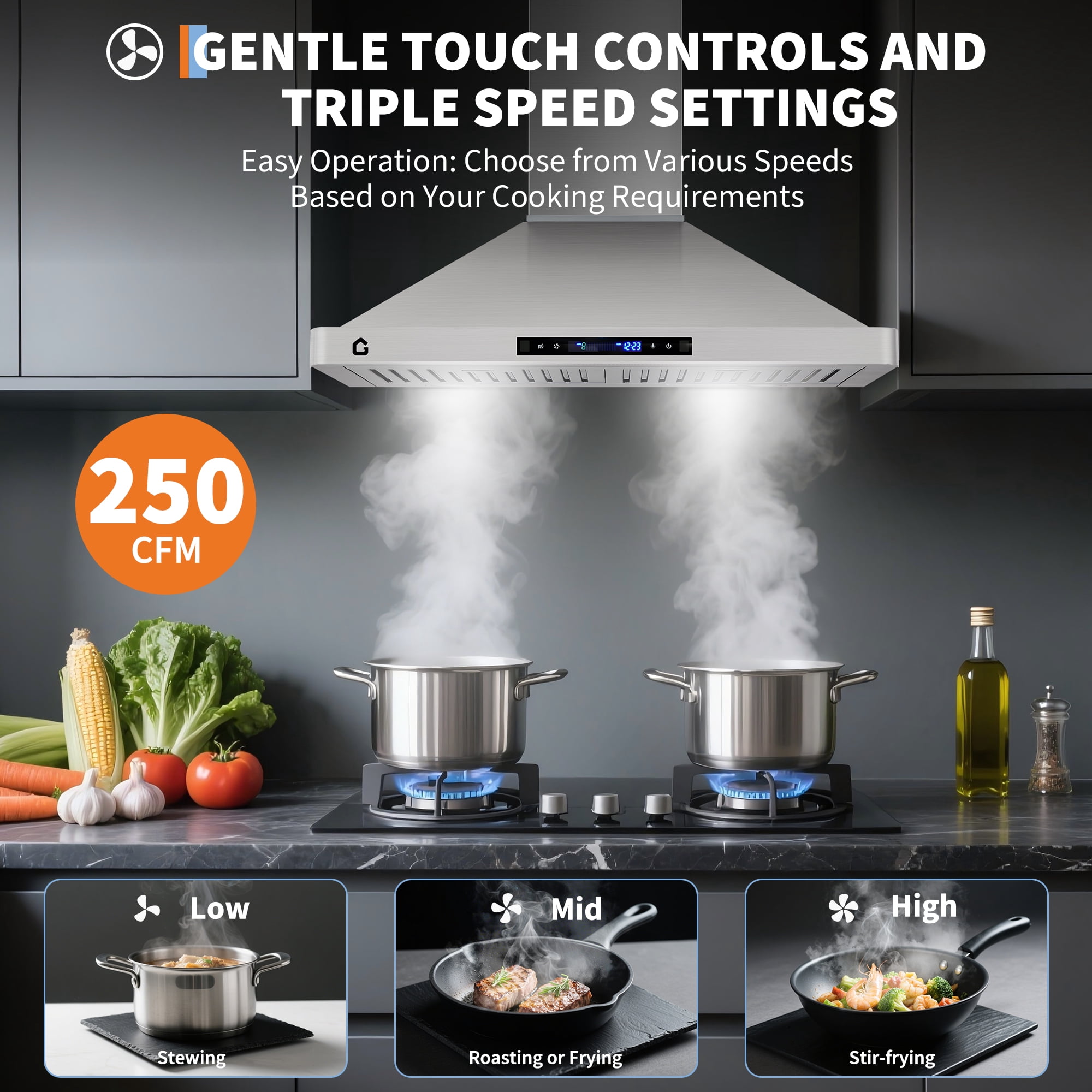30 Inch Stainless Steel Range Hood, 250 CFM Quiet Operation Touch Control & 3 Speed, Ducted/Ductless Convertible, Five-Tier Aluminum Grease Filters, Adjustable Chimney for Kitchen Vent Hood