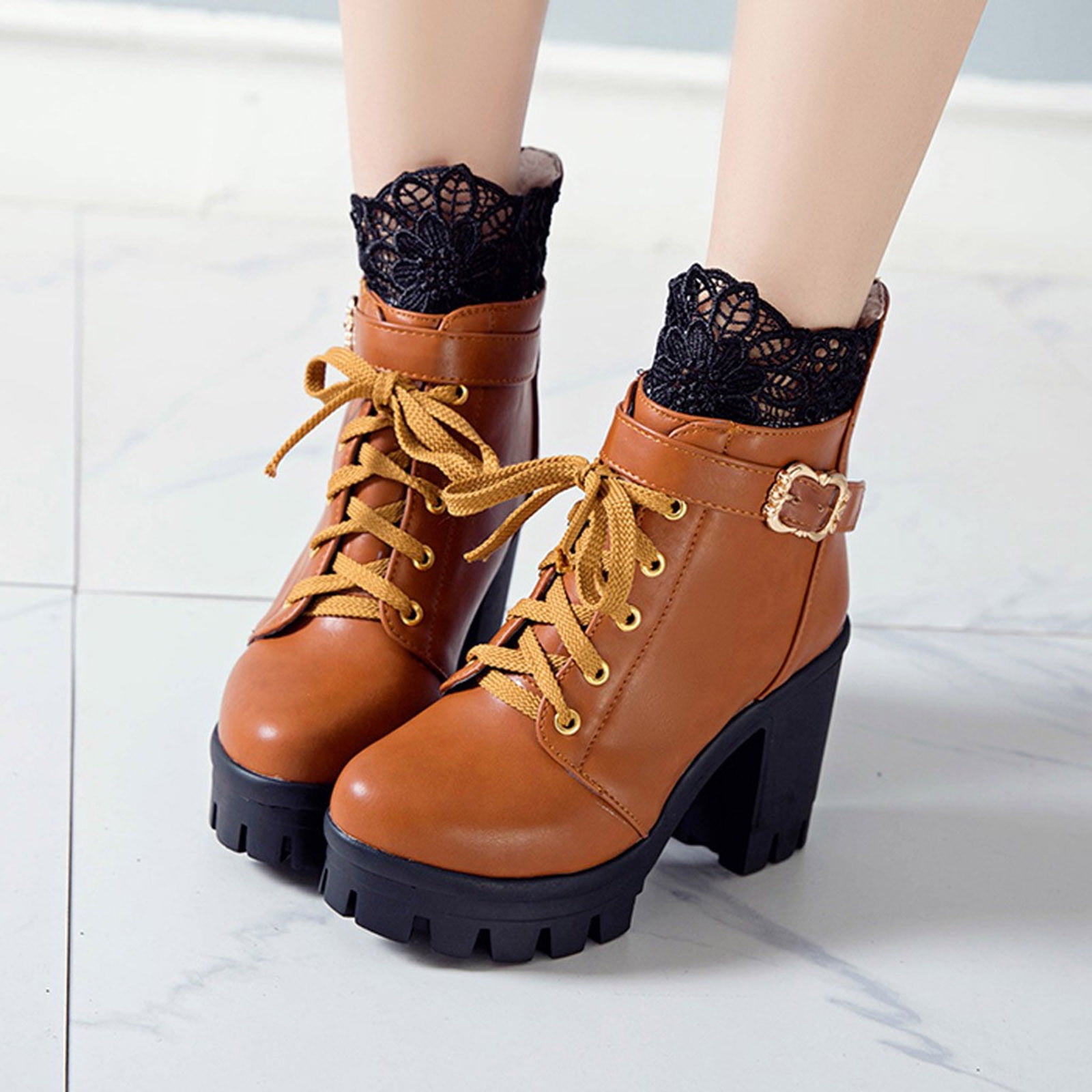 LSLJS Women s High Heels Ankle Boots Fashion Women s Thick High Heel Lace Up Ankle Boots Platform Lace Student Shoes Women s Ankle Boots Booties Walmart