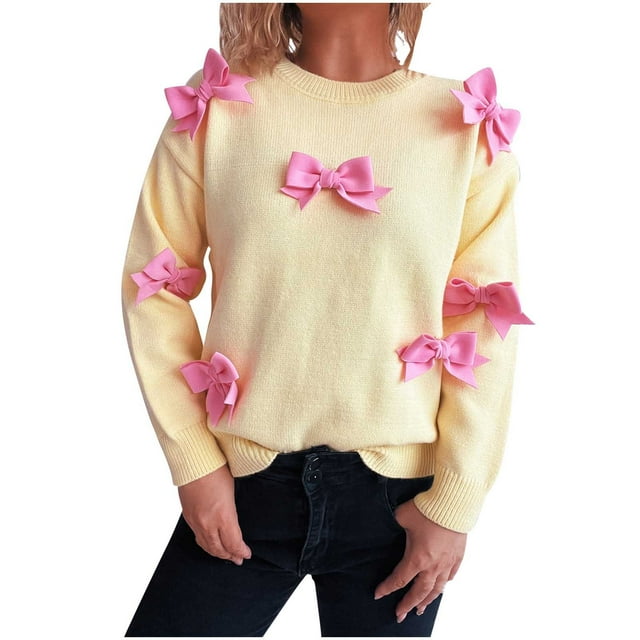 EGNMCR Chandail à Col Rond pour Femmes, Manches Longues, Col Rond, Couleur Unie, Bijou, Chandail Ample en Tricot, Haut en Polyester pour Femmes