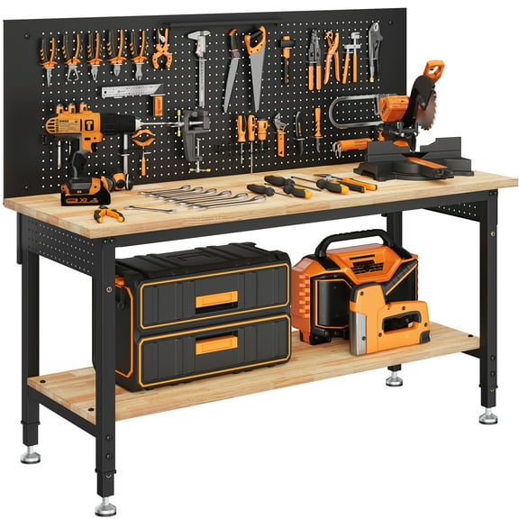 60" Multifunctional Heavy Duty Workbench for Garage with Pegboard,2000LBS Load,Adjustable Height,LED Light,Rubberwood Tabletop
