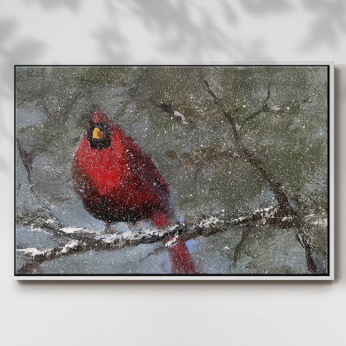 Cardinal in Snow I - Framed Gallery Wrapped Holiday Canvas - 25 x 37 - White Frame