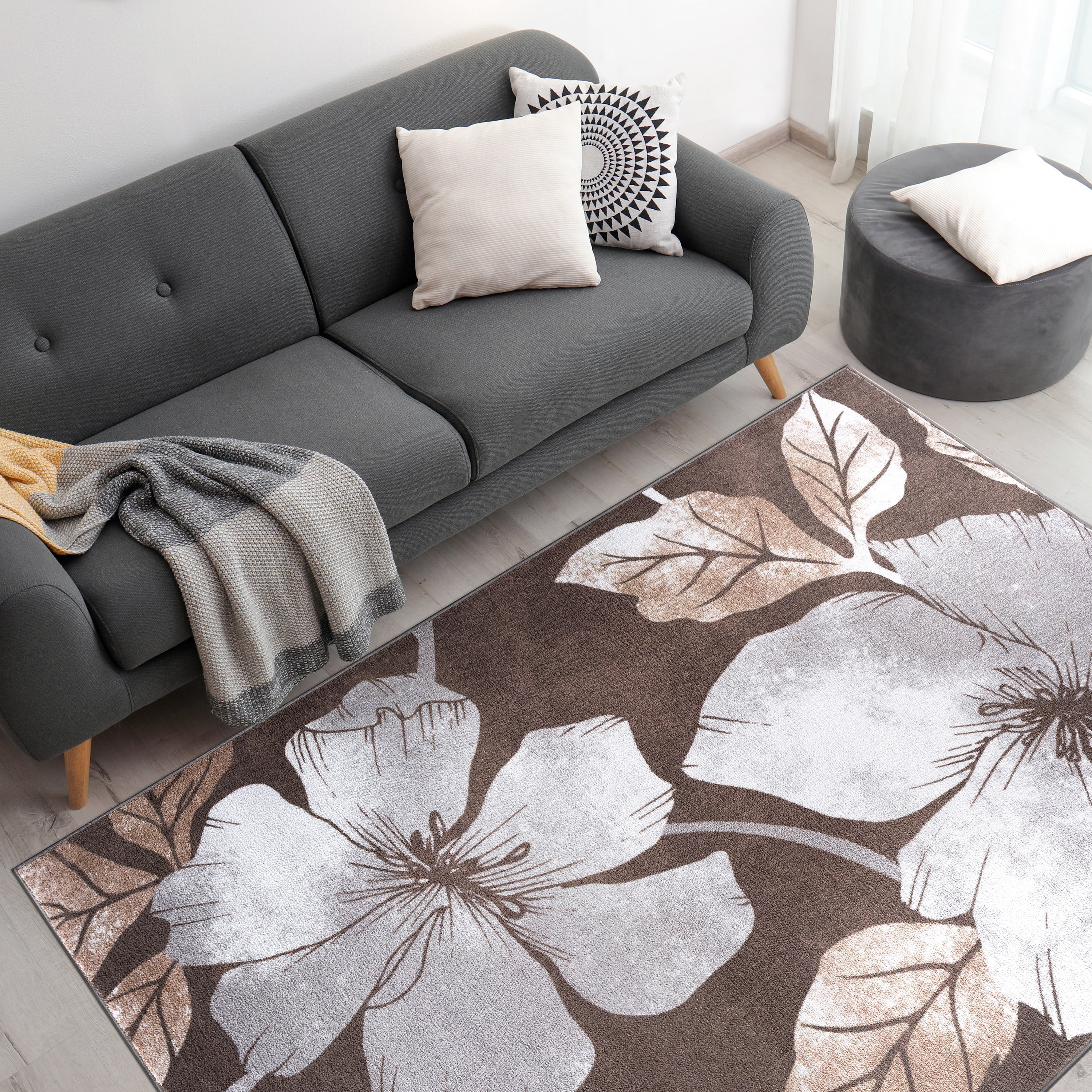 CAMILSON Solana Non Slip Modern Floral Indoor Area Rug Grey/Brown 6x9