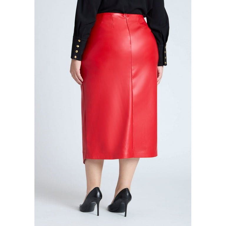 ELOQUII Women's Plus Size Wrap Front Faux Leather Midi Skirt