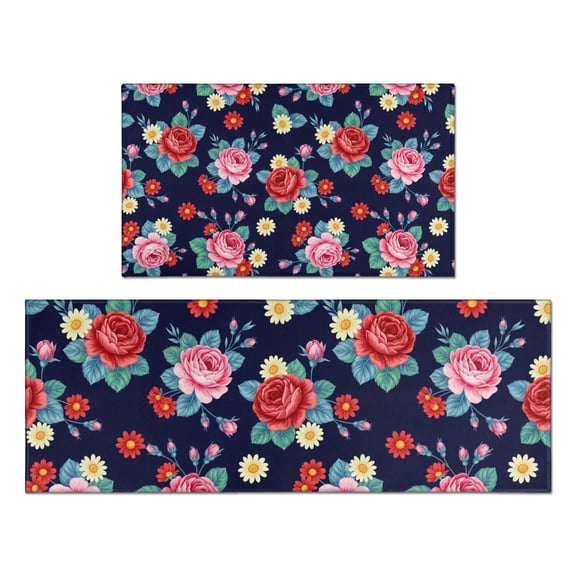 Pioneer Flower Floral Print Pattern Kitchen Rugs Sets Of 2, Anti Fatigue Non Slip Washable Floor Mats for Kitchen Sink Laundry, 17X30 Inch 17X47 Inch