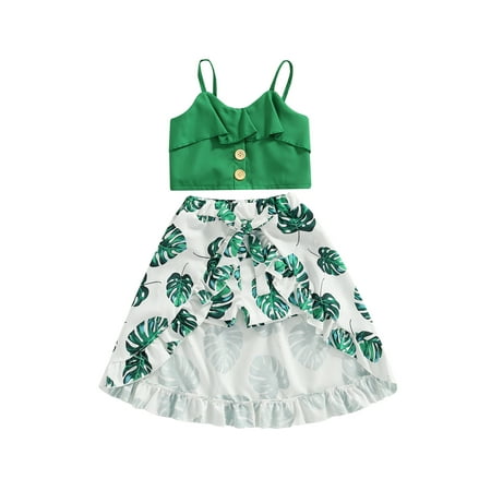 

Girls Two Pieces Clothes Spaghetti Strap Ruffle Camisole + Leaves Printed Slit Skort