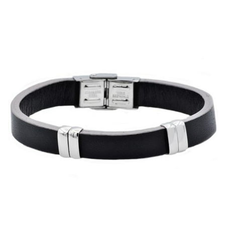 Arista Men's Bracelet in Black and Grey Leather Stainless Steel, 8.5"