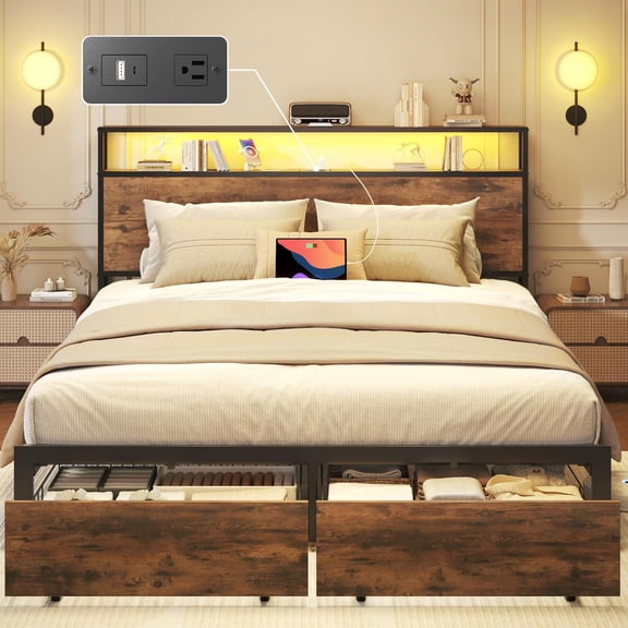 DRNANLIT Full Bed Frame with 2-Tier Storage Headboard, Metal Bed Frame with 2 Drawers & Built-in Charging Station & LED, Noise-Free, No Box Spring Needed, Easy Assembly,Brown