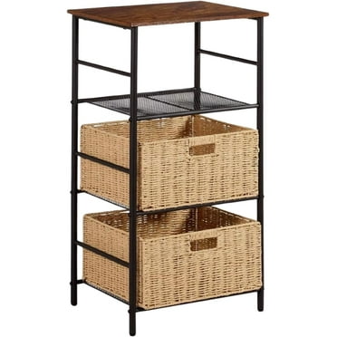 QuellQuest 4 Tier Tall Side End Table,Industrial End Table with Metal Mesh Shelves and 2 Wicker Storage Baske Brown for Living Room, Bedroom, Hallway, Easy Assembly, Rustic Brown