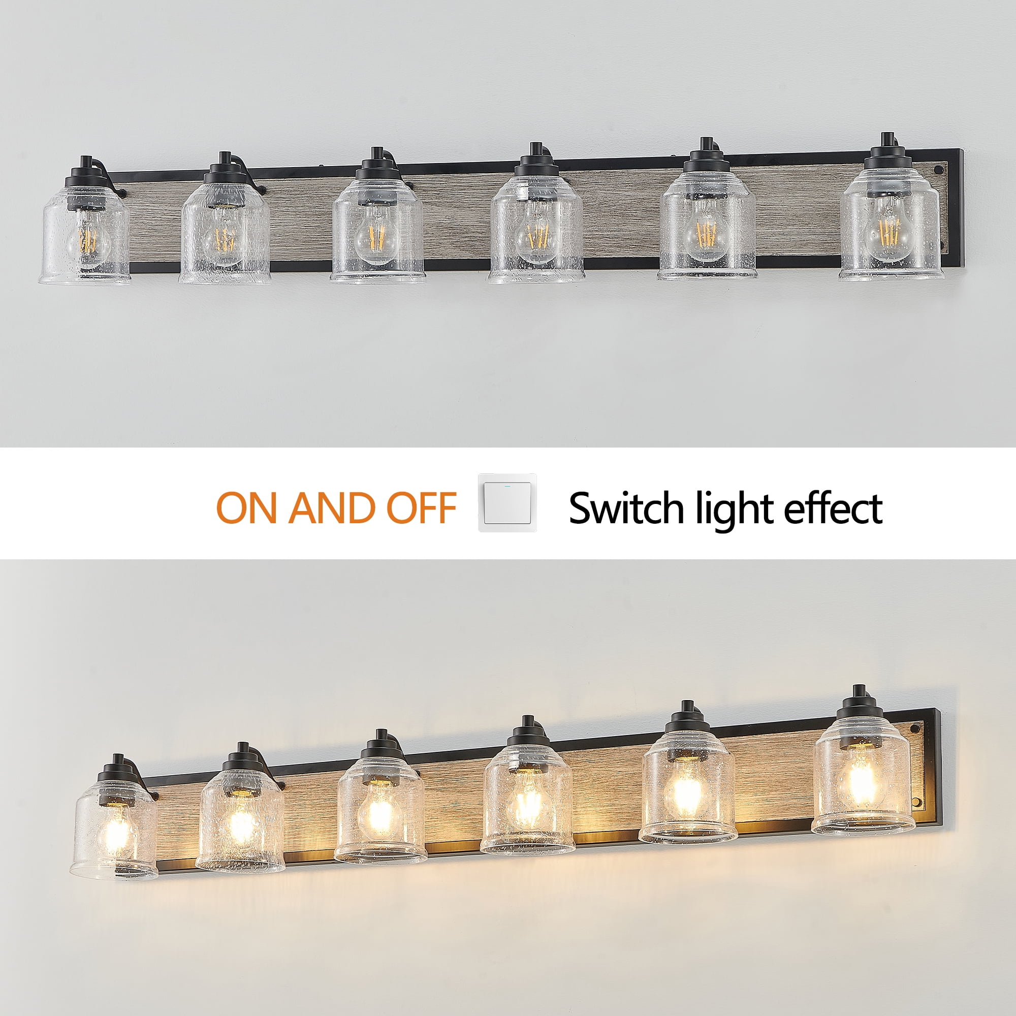 6-Light Farmhouse Bathroom Vanity Light, 48.5 Inch Rustic Wall Sconce with Wood Finish and Bubble Glass