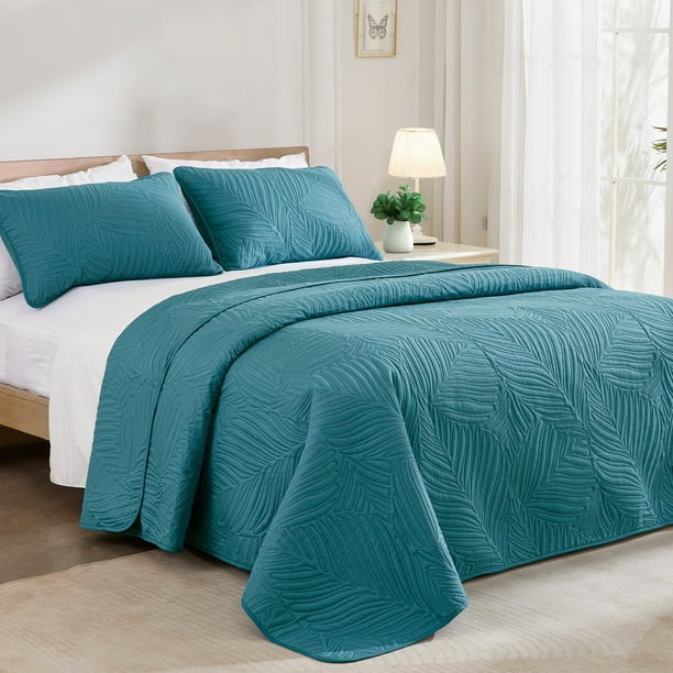 Exclusivo Mezcla King Quilt Set Teal Lightweight Bedspread Leaf Pattern Bed Cover Soft Coverlet Bedding Set 1 Quilt 2 Pillow Shams Walmart Business Supplies