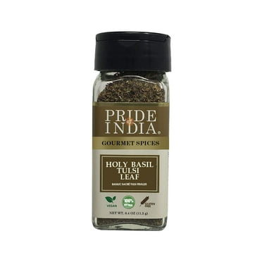 Pride Of India- Gourmet Sweet Holy Basil Leaf, 0.4oz Small Dual Sifter Jar, Pure Indian Tulsi Leaf (Ocimum Sanctum) Offers Best Value