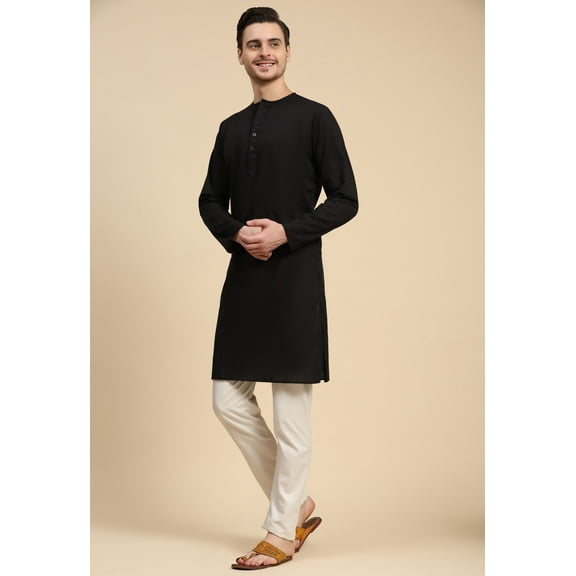 SKAVIJ Men's Cotton 2 Piece Set Casual Straight Longline Round Neck Shirt Solid Pant Regular Outfit (Large,Black)