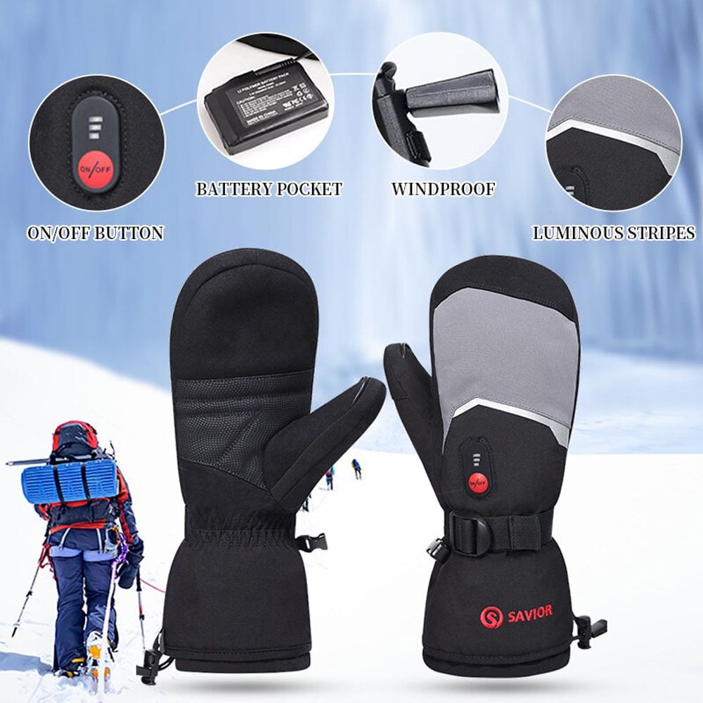 Savior Heat Rechargeable Heated Ski Gloves For Men Women Electric Winter Mittens with Reflective Strips