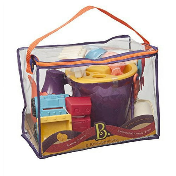 B. toys – B. Ready Beach Bag – Sac Fourre-Tout de Plage avec Panneau en Maille et 11 Jouets de Sable Funky – Phtalates et BPA Gratuit – Seau Violet de 18 M+