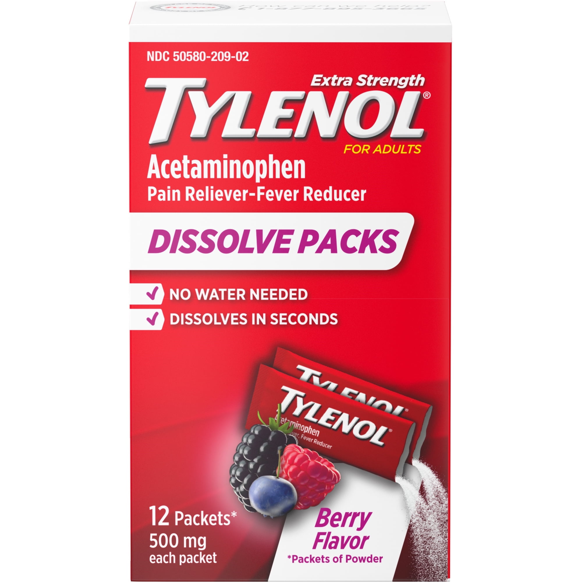 Tylenol Extra Strength Dissolve Packs with Acetaminophen for Pain & Fever, Berry, 12 ct (Pack of 2)