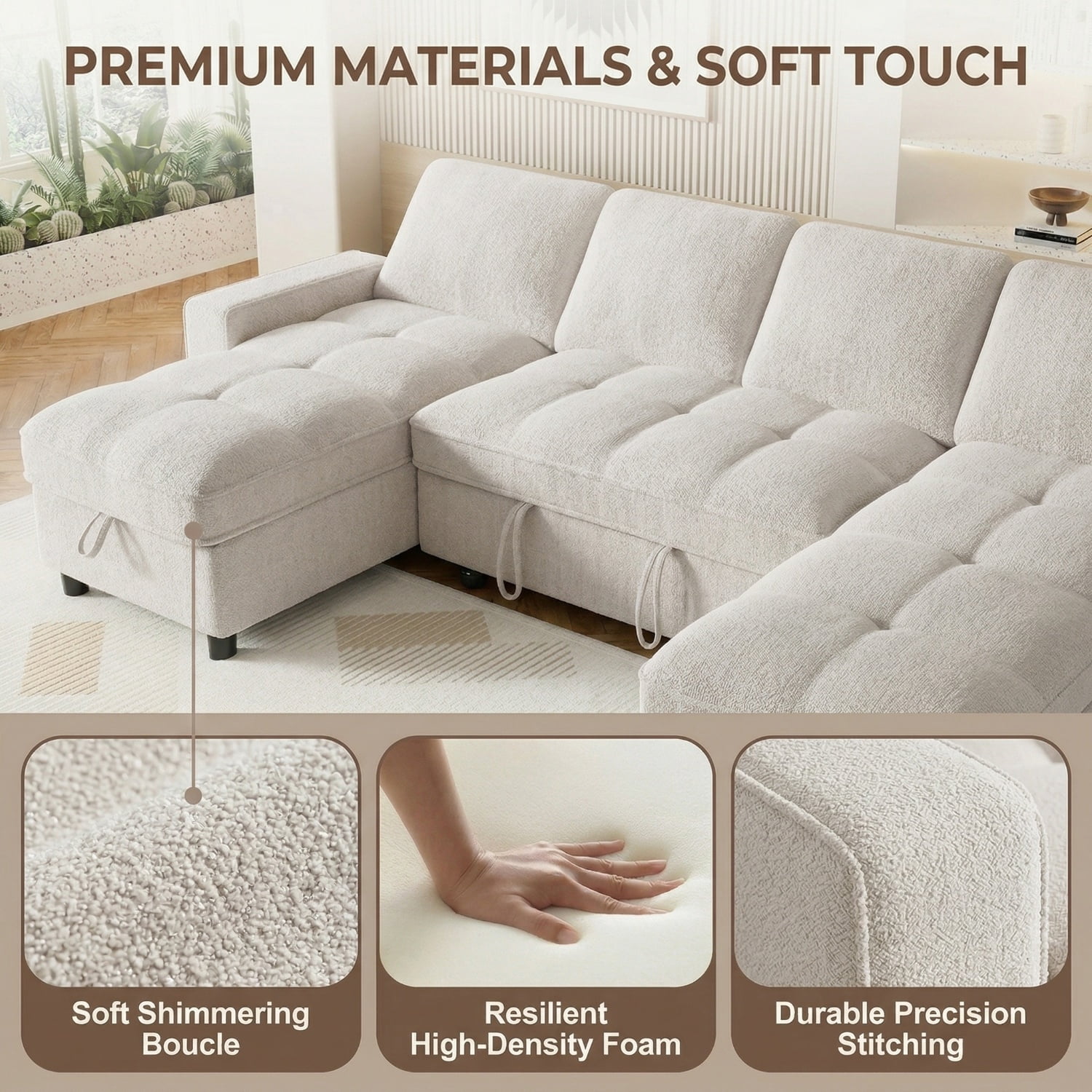 104" U-Shaped Sectional Sleeper Sofa Bed with Pull Out Couch, Large Chenille Sofa with Double Chaises and USB Ports, Creamy Beige