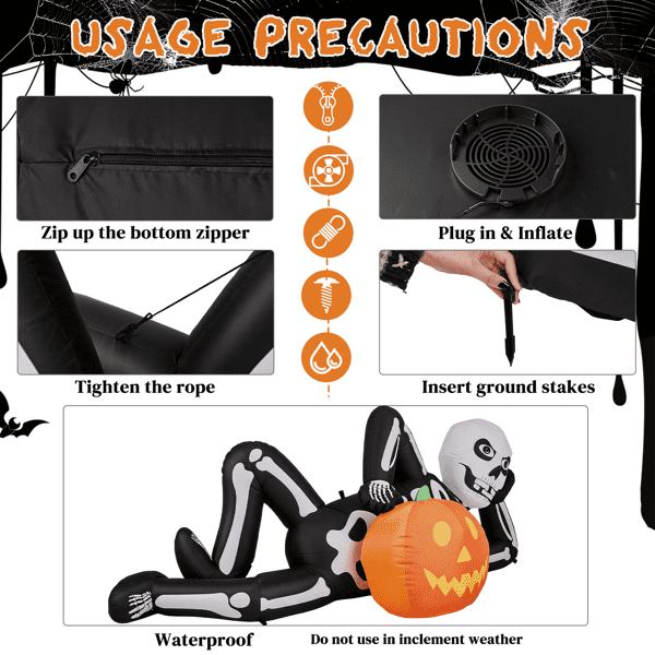 Alvantor 7 ft Long Reclining Skeleton Halloween Inflatable with Pumpkin, 7 LED Lights and Built-In Blower, Black White and Orange
