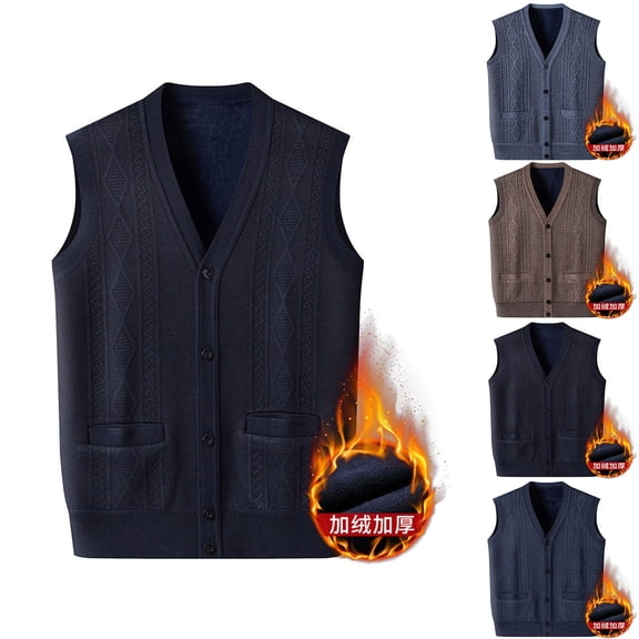 FRSASU Men's Button Down Textured Sleeveless Cardigan V Neck Casual Fleece Lined Argyle Sweater Vest Knitwear Warm Waistcoat with Pockets Khaki