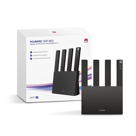 HUAWEI Router WiFi 7 BE3 3600Mbps, Velocidades ultrarrápidas, Puerto Ethernet 2.5G, EasySetting, Mesh, Diagnóstico Visual de Wi-Fi, Control Parental, HomeSec, Negro