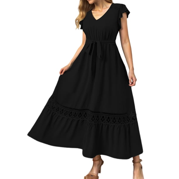 Vestido largo con cuello en V y encaje floral para mujer talla grande - Diseño fluido, tejido cómodo, primavera/otoño - Tallas S-XXL, versátil para fiestas