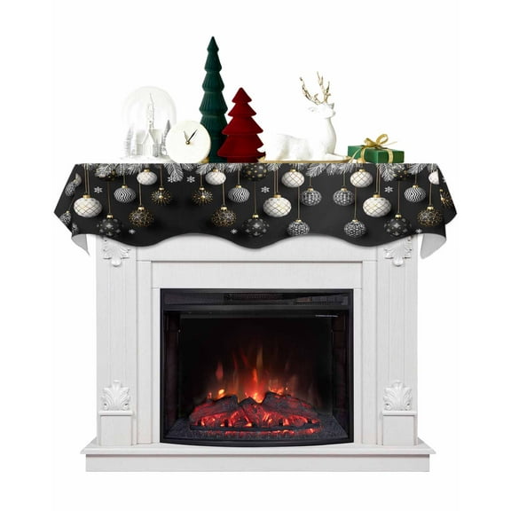 Black Christmas Fireplace Mantel Scarf Table Runner, Xmas Pine Needles Balls Snowflake Winter Garland Mantel Top Tablerunners Dresser Scarves Cover Decorations for Windows Party Living Room 60''x17''