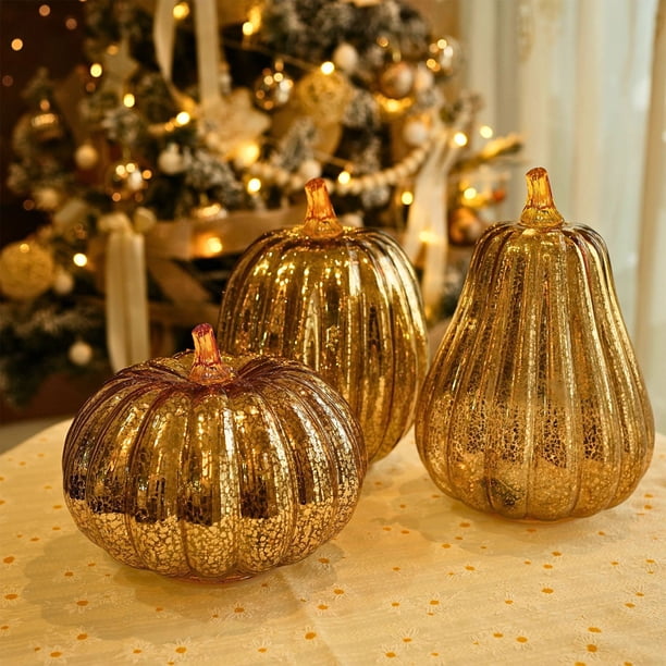 Fiudx Lámpara de Calabaza de Cristal, Decoración con Iluminación Led, Funciona con Pilas, Brillo Suave y Cálido, Elegante Decoración Otoñal, Regalo de Acción de Gracias, Halloween y Navidad, 16,5 X 1