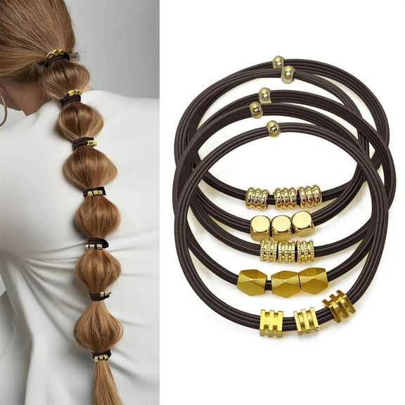Tutuviw 5Pcs Hair Ties Bracelets for Women,Cute Elastic Pony Tails Hair Ties Ponytail Holders No Damage Hair Ties Gold Beaded Hair Bands with Gold Jewelry for Gifts Decorative Hair Accessories (Black)