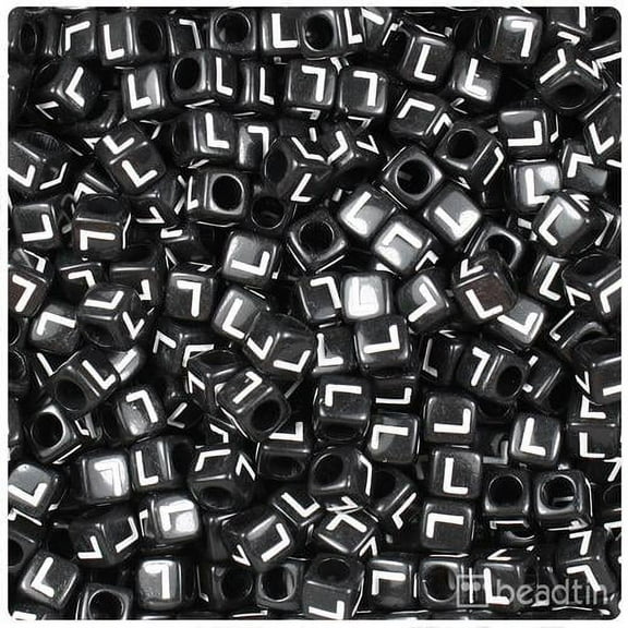 BeadTin Black Opaque 6mm Cube Alpha Beads - White Letter L (80pcs)