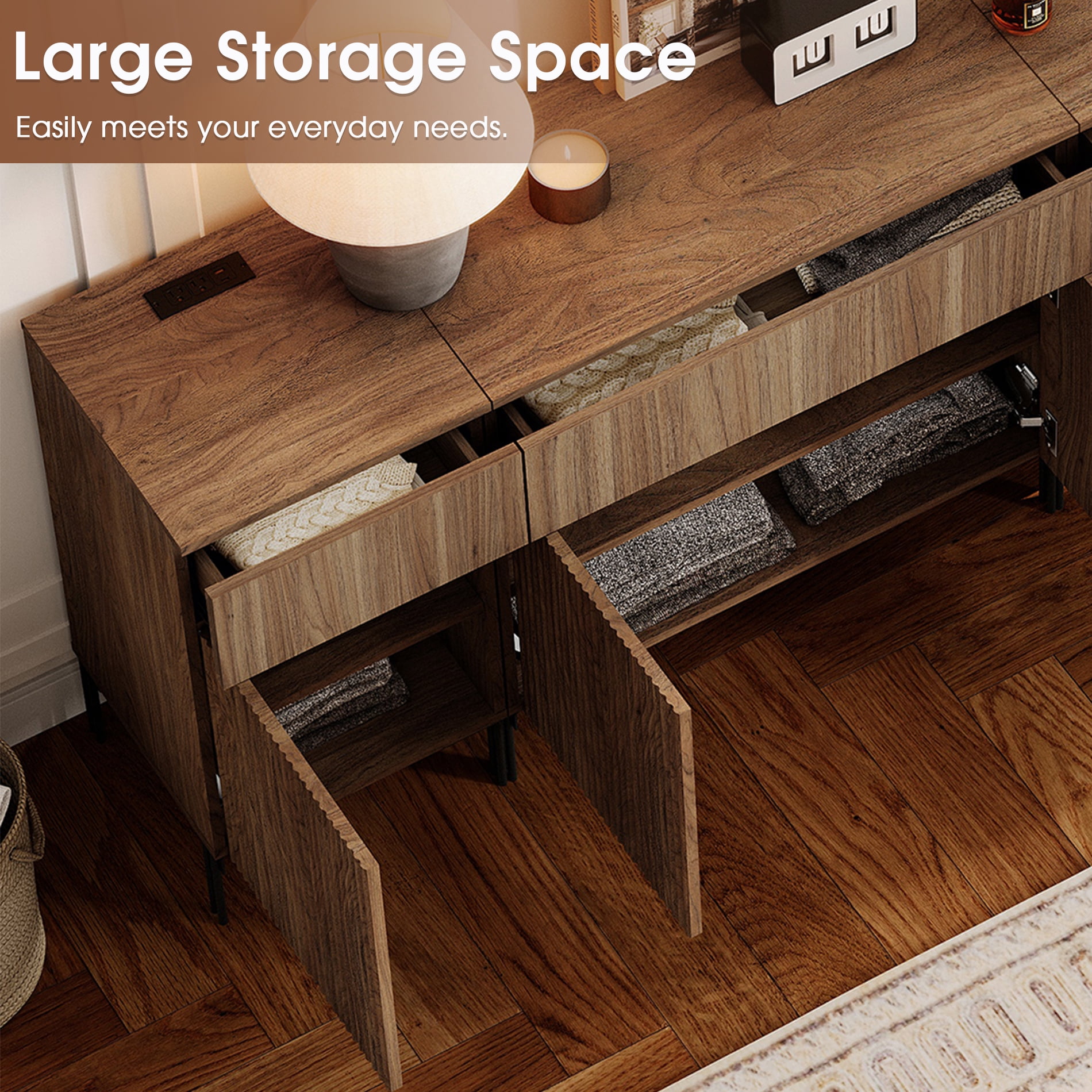 Modern Reeded Dresser TV Stand for TVs up to 75 Inch, Entertainment Center with Charging Station, Wooden TV Console with Storage for Living Room