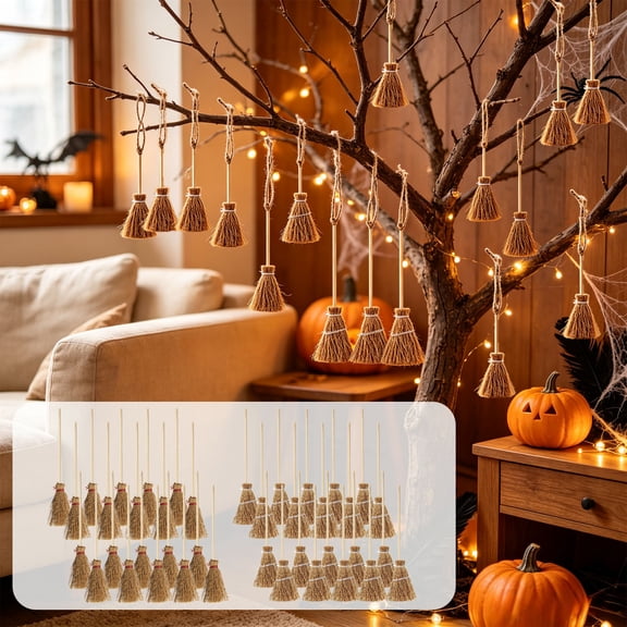 AYktou 20Pcs Miniature Artificial Mini Straw Brooms with Red Ropes Halloween Straw Craft Decoration Witches Accessory for Costume Cosplay Party, Halloween Hanging Decorations