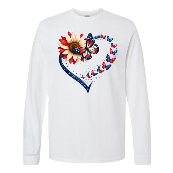 Inktastic Patriotic Butterfly Heart with Sunflower Long Sleeve T-Shirt