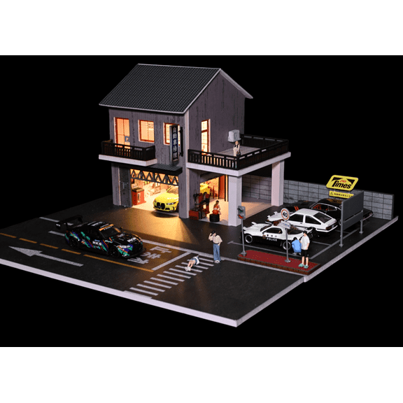 Diorama 1:64 Car Garage Model, LED Lighting Parking Lot Scene Display Case, Japanese Model Car Display Storage, Building Model Toy