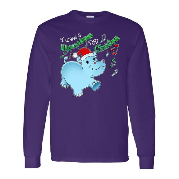 Inktastic I Want a Hippopotamus for Christmas Hippo in Santa Hat Long Sleeve T-Shirt