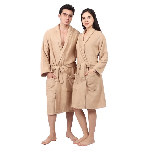 Feather Drape Women’s Terry Bathrobe Absorbent Robe With Shawl Collar -100% Cotton – Soft Spa Lounge Robe with Pockets & Belt – Loungewear | (IN, Alpha, M, Regular, Standard, Beige)
