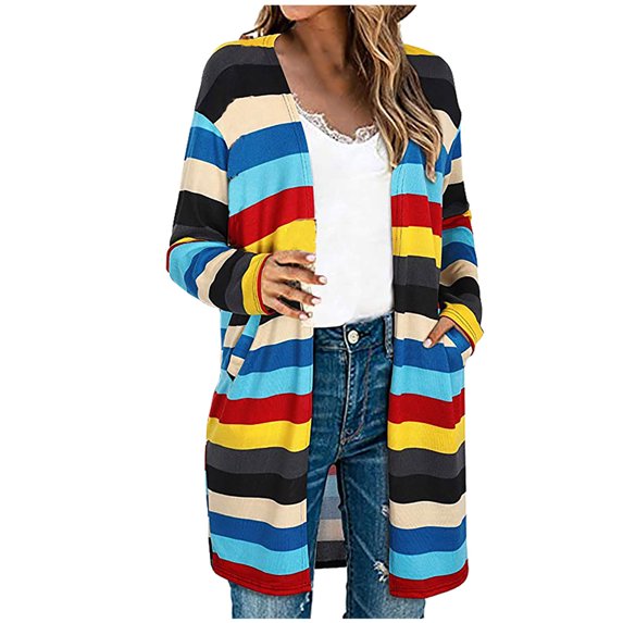 Floleo Clearance Fall Clothes For Women Women's Fashion Cardigan Striped Printed Pocket Long Sleeve Jacket Yellow