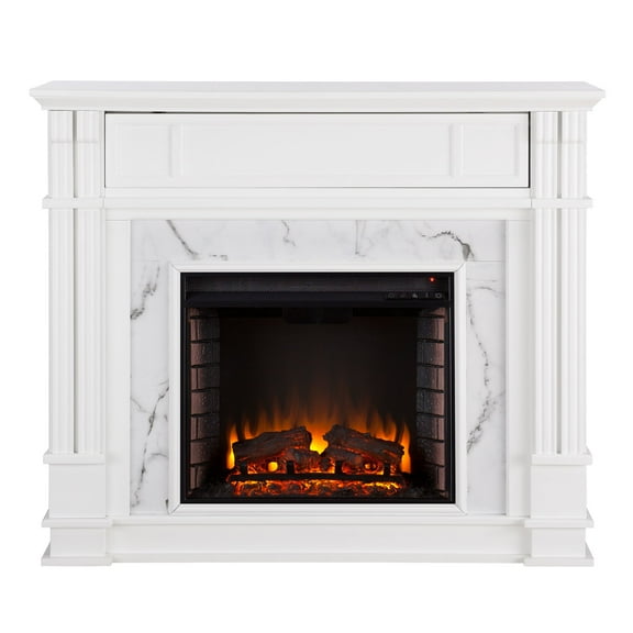 SEI Furniture Highgate Faux Marble Electric Fireplace TV Stand in White