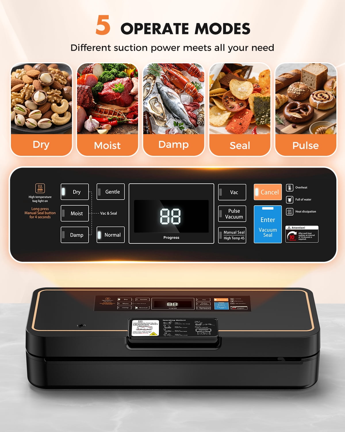 UPRUBE Vacuum Sealer for Food, 9-in-1 Built-in Cutter Food Vacuum Saver Sealer Machine, Include One Roll Bags ,95kPa Strong Vacuum