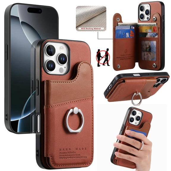 for iPhone 16 Plus Case with Credit Card Holder, Back Flip Wallet Case with Ring Holder Stand and Ring Grip, Cowboy Texture PU Leather Protective Phone Cover for iPhone 16 Plus, Brown