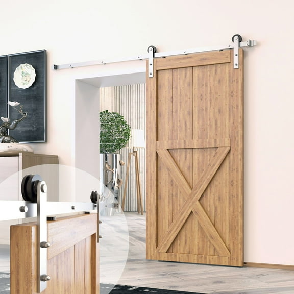 Homacer Brushed Nickel Sliding Barn Door Hardware Kit, for One/Single Door, 4.5ft Long Flat Track, Straight Design Roller, Heavy Duty, for Interior & Exterior Use