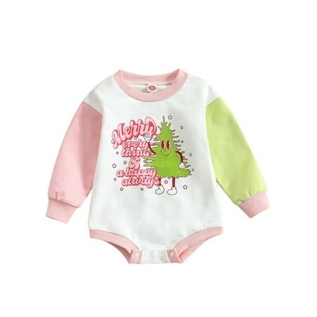 

Genuiskids Christmas Baby Girls Romper Long Sleeves Cartoon Letter Christmas Tree Print Bodysuit Jumpsuit Fall Outfits