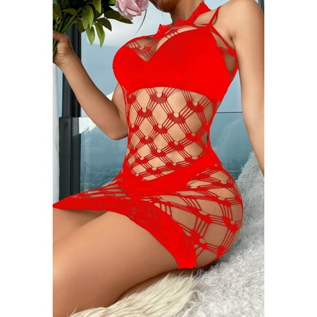 Generic Sexy Lingerie Sexy Fishnet Clothes Halter Transparent Cutout Hip Skirt One-Piece Stockings Tights
