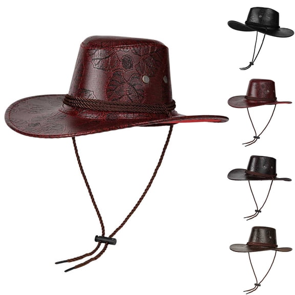 YTCAMLO Fake Leather Sun Hat for Women and Men Vintage Old Style Western hat Adjustable Drawstring Cowboy Cowgirl Hat
